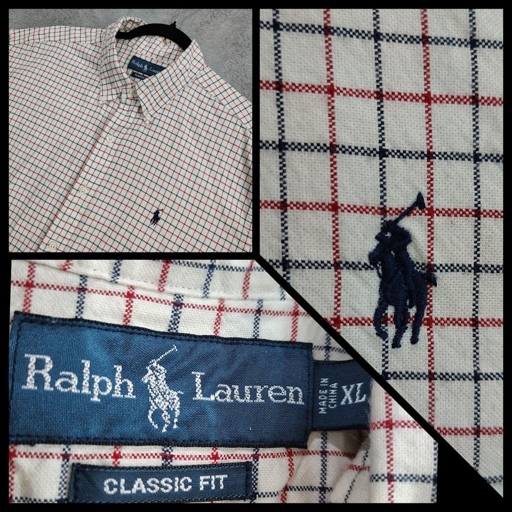 Polo Ralph Lauren Custom Fit Men's XL Ivory Blue Red Check Cotton Button Down